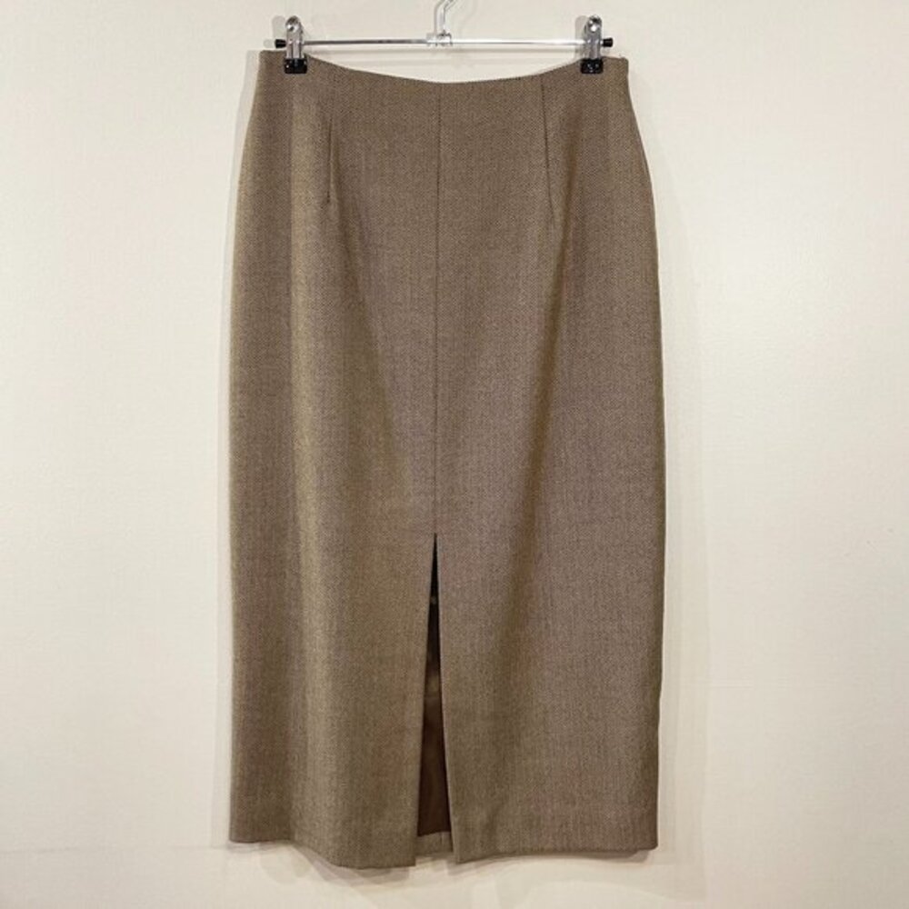 EUC Vintage 100% Wool Herringbone Midi Skirt Brown tag 12, 8/M fit